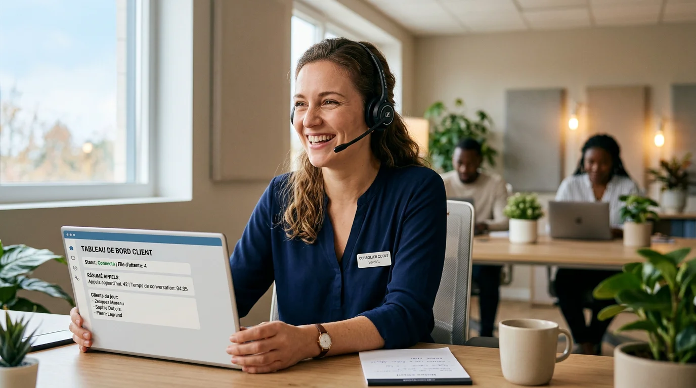 Conseiller humain accompagnant un client au téléphone dans un bureau lumineux