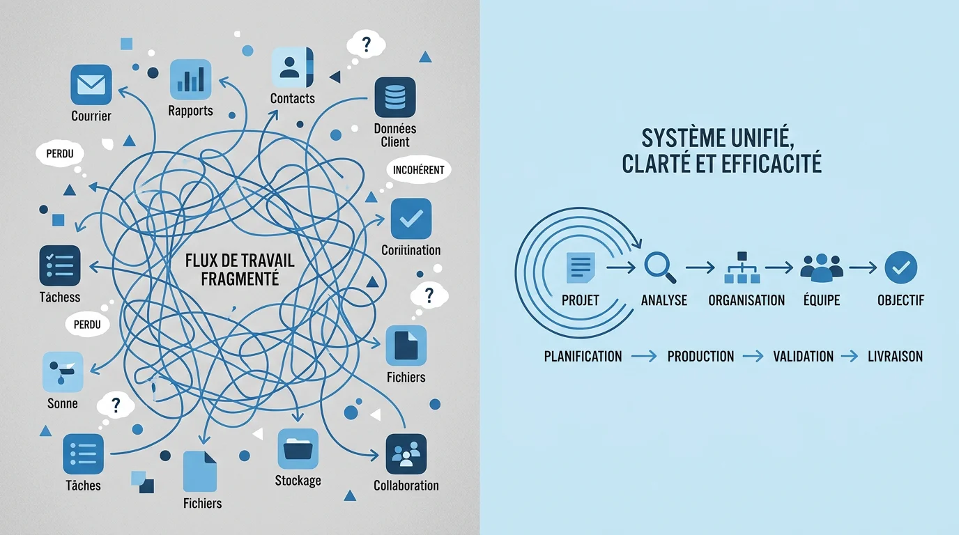 Représentation des silos d'outils numériques opposés à un flux unifié