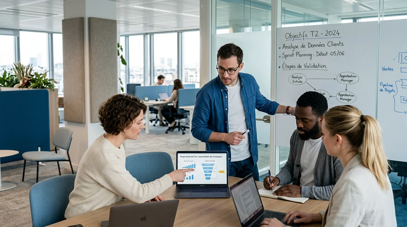 Équipe en entreprise utilisant des outils d'intelligence artificielle sur ordinateurs