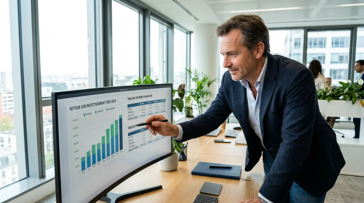 Dirigeant PME analysant le retour sur investissement d'un logiciel sur mesure