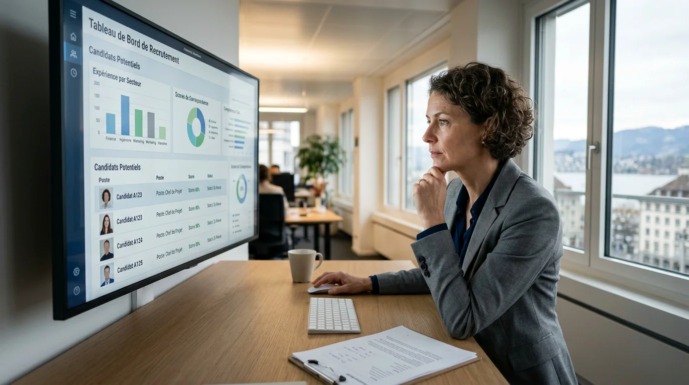 Recruteuse suisse analysant des candidatures assistée par un tableau de bord IA