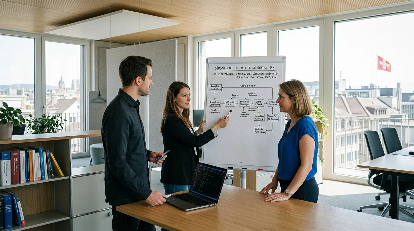 Équipe projet suisse construisant un flux RH assisté par IA sur mesure