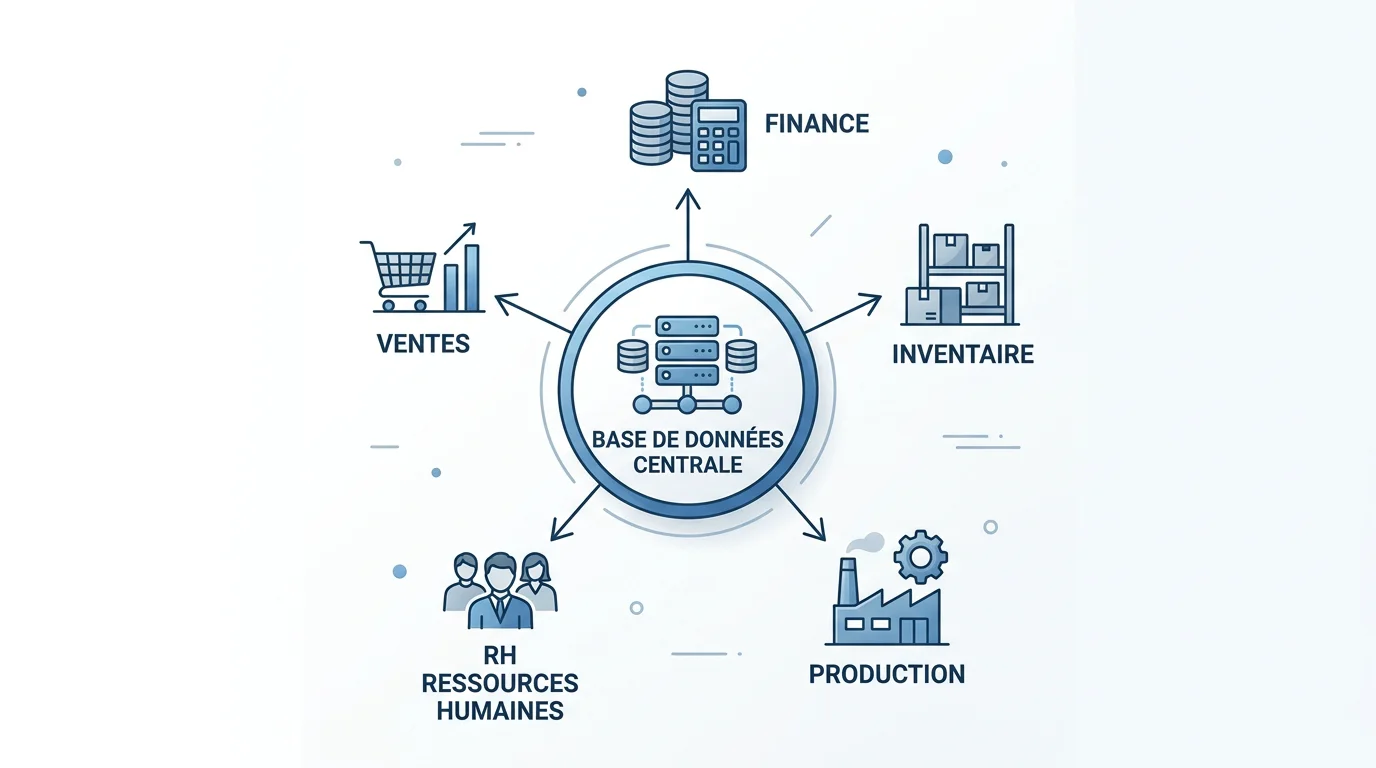 Schéma d'un ERP reliant les modules métier à une base de données centrale