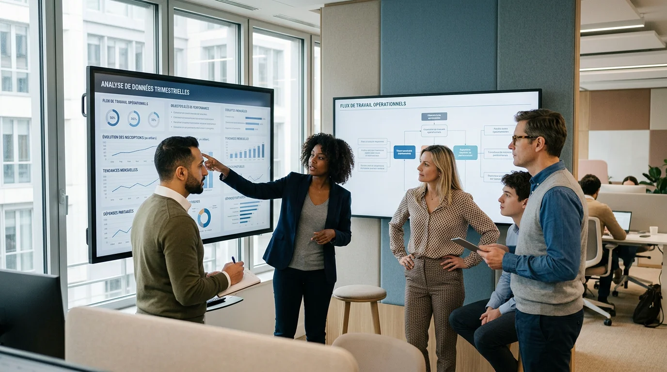 Équipe professionnelle analysant des tableaux de bord dans un bureau moderne