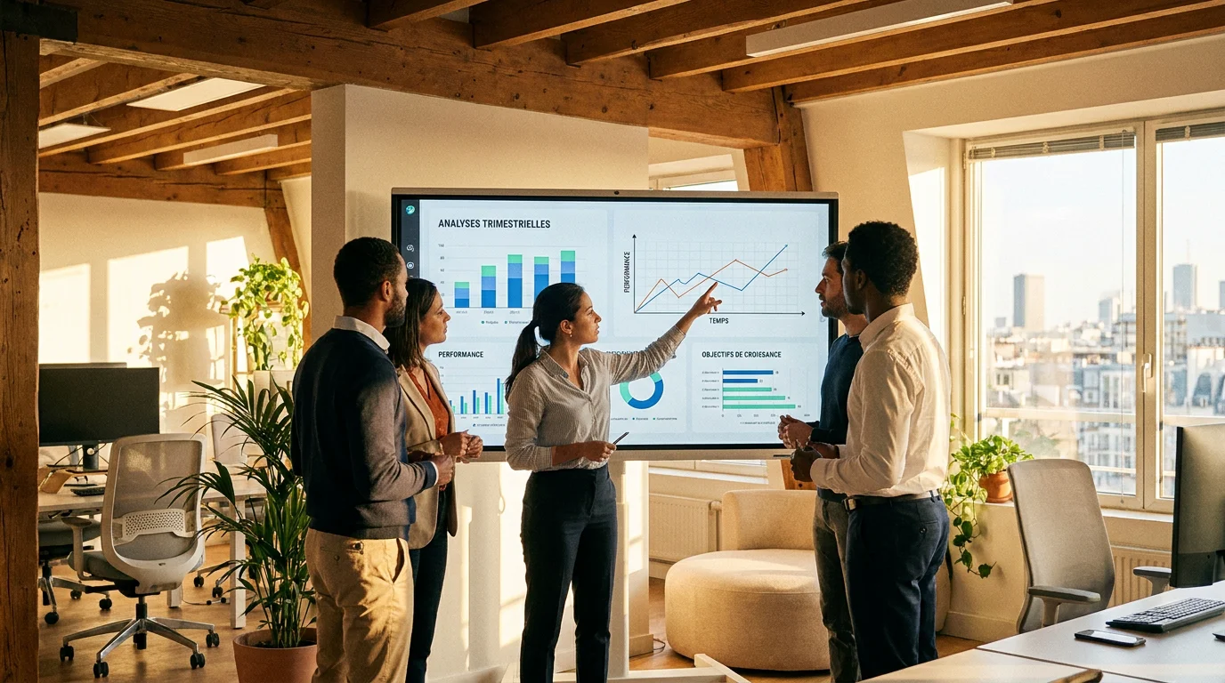 Équipe professionnelle collaborant autour d'un tableau de bord analytique dans un bureau moderne