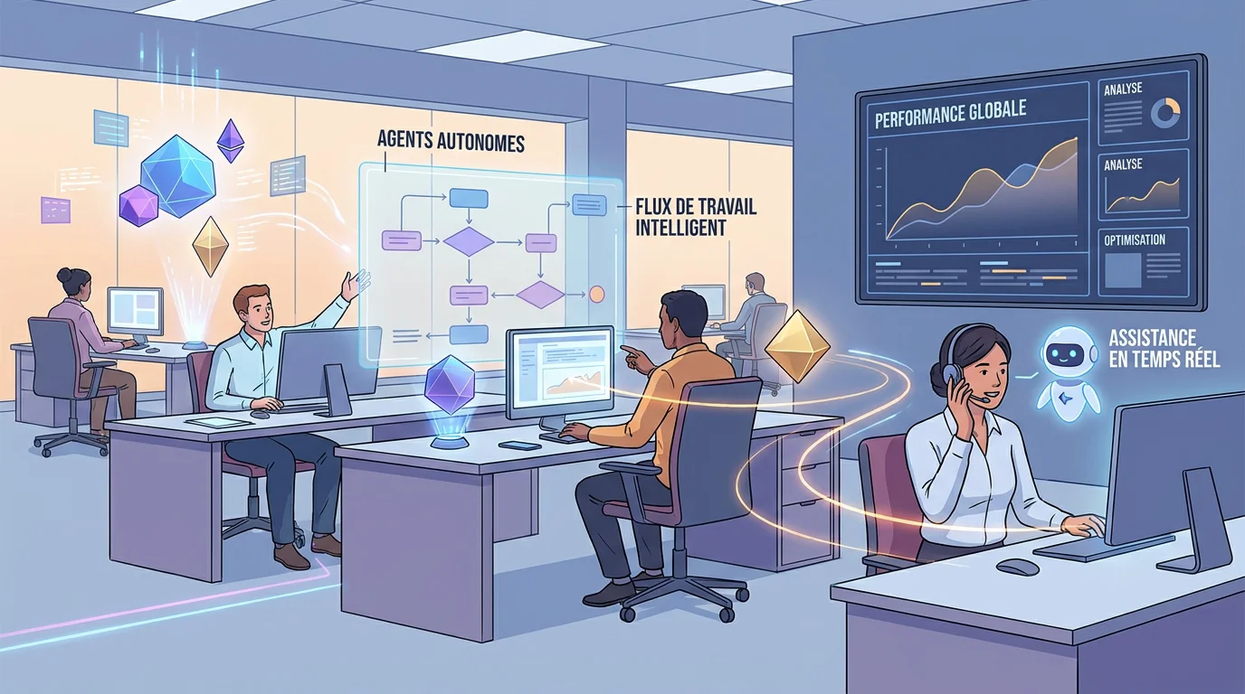 Illustration représentant l'IA agentique dans un environnement de travail moderne