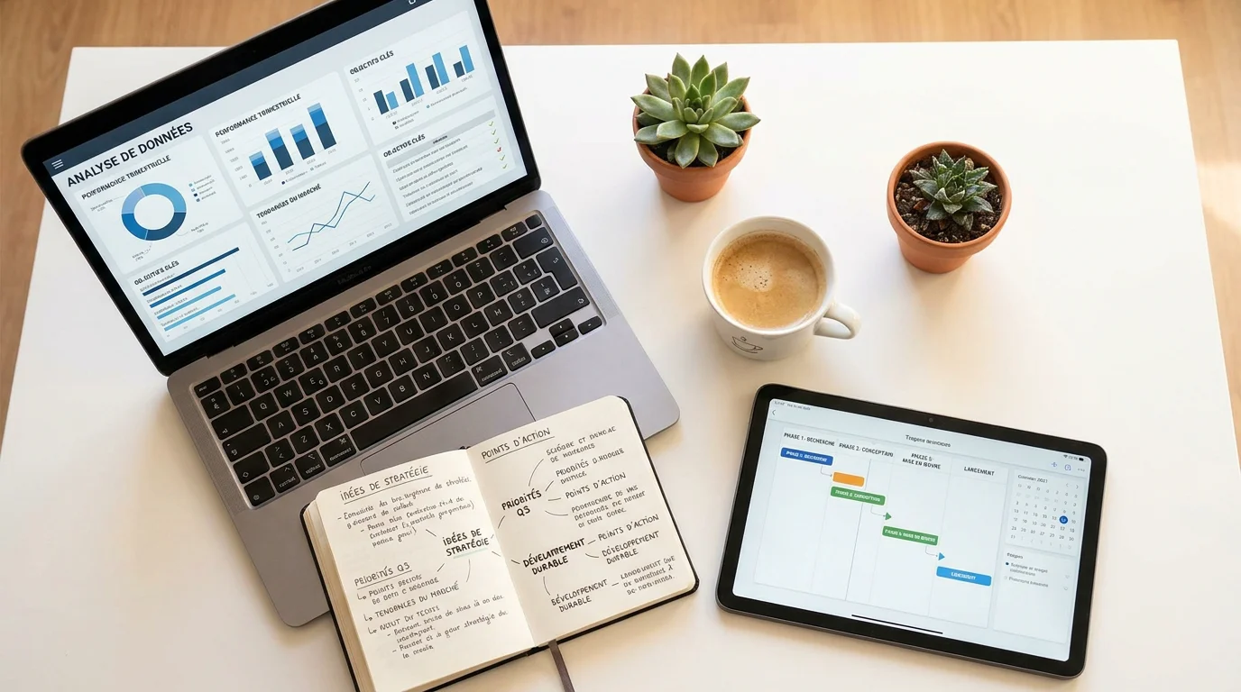 Vue aérienne d'un bureau avec outils de pilotage IT et planification stratégique