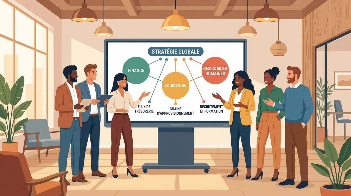 Équipe collaborant autour d'un écran affichant les modules interconnectés d'un ERP