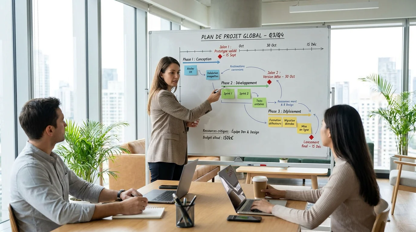 Responsable de projet présentant un planning de déploiement ERP sur un tableau blanc