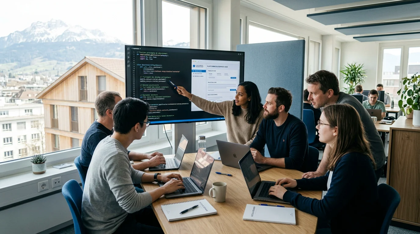 Équipe de développeurs web collaborant dans un bureau suisse moderne