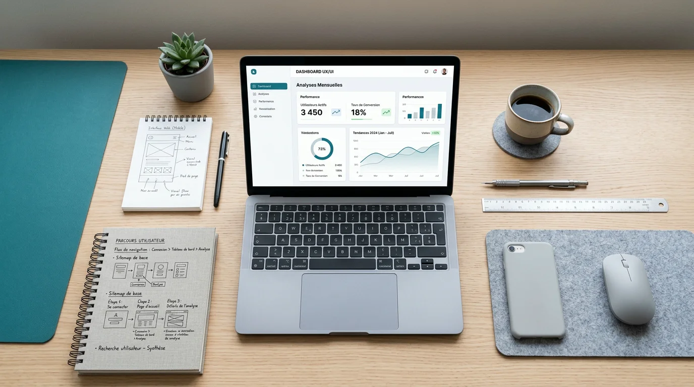 Plan de travail avec maquettes et tableau de bord pour un projet web sur mesure