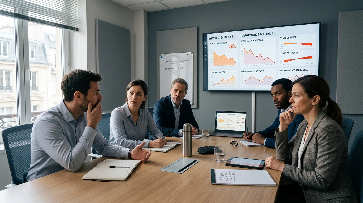 Équipe projet analysant les résultats mitigés d'un chantier numérique
