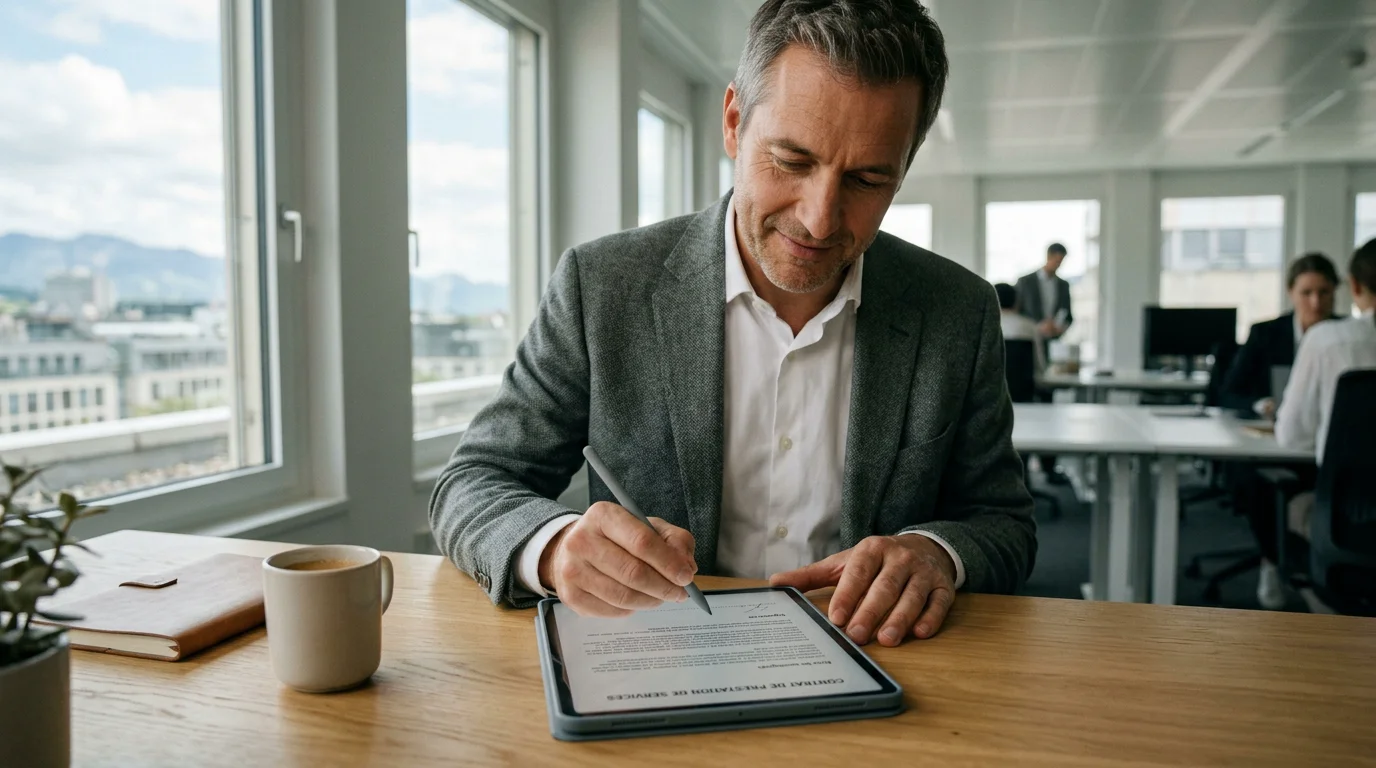 Professionnel signant un document sur une tablette dans un bureau suisse