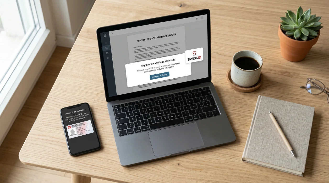 Espace de travail avec ordinateur portable et smartphone pour signer un document