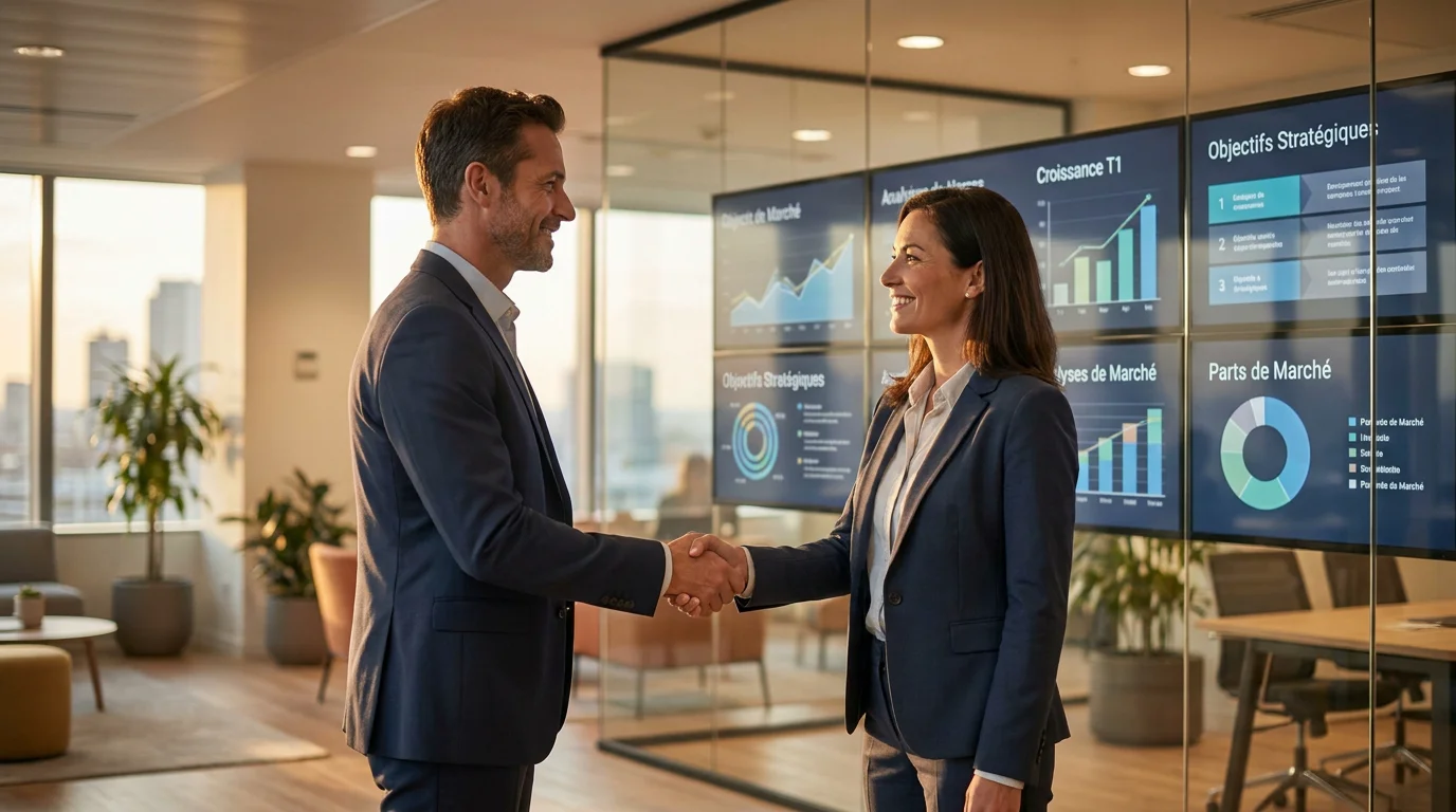 Deux professionnels scellant un partenariat stratégique IT dans un bureau moderne