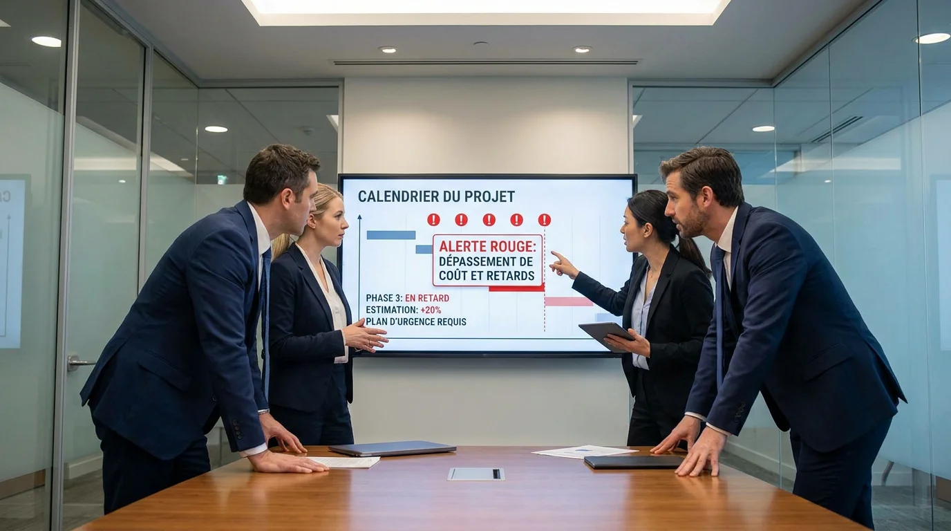 Équipe analysant les risques de dépassement d'un projet IT en salle de réunion