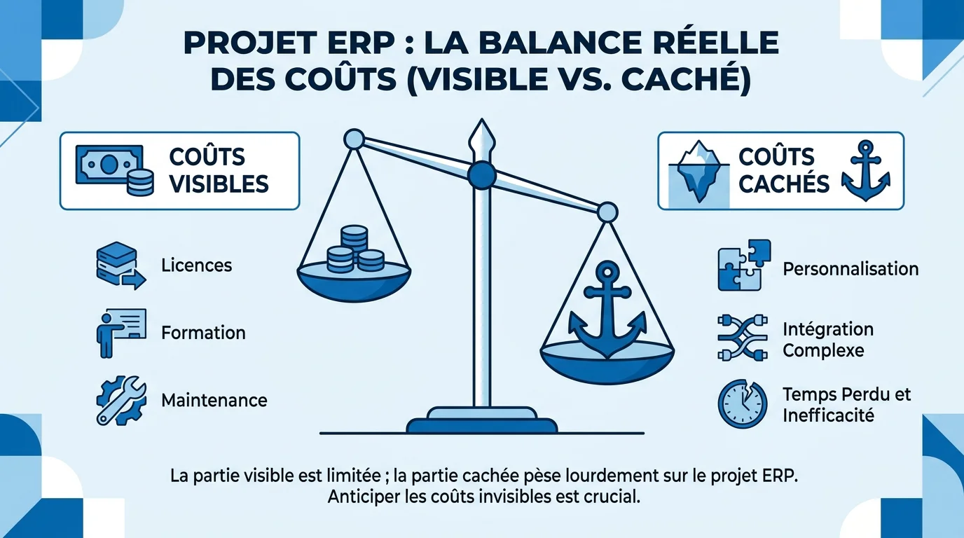 Infographie comparant les coûts visibles et cachés d'un projet ERP