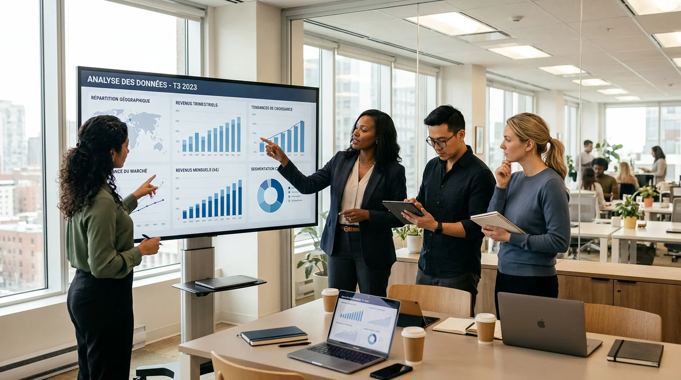 Une équipe analyse des tableaux de bord de données dans un bureau lumineux