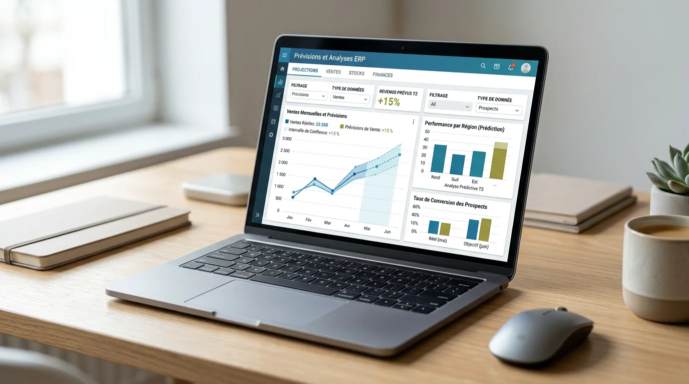 Interface ERP affichant des graphiques prédictifs sur un ordinateur portable