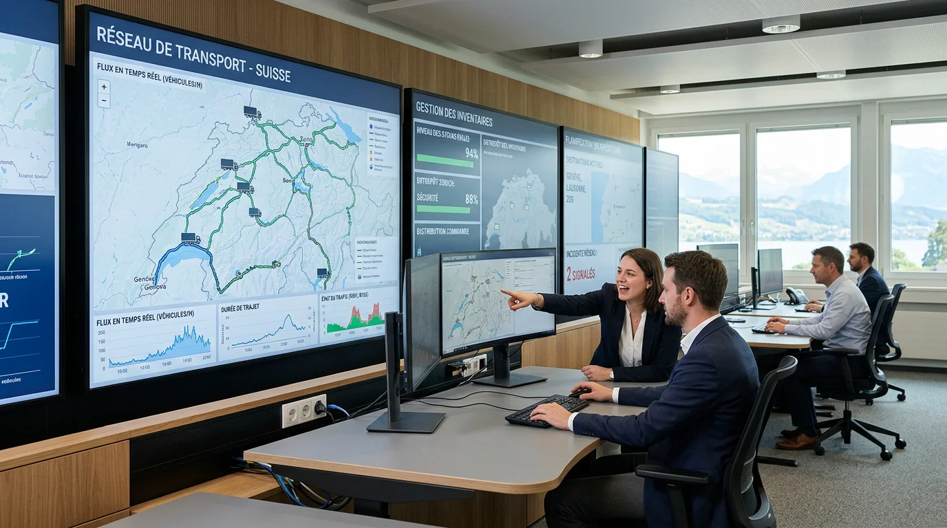 Salle de contrôle logistique avec tableaux de bord numériques de suivi des flux