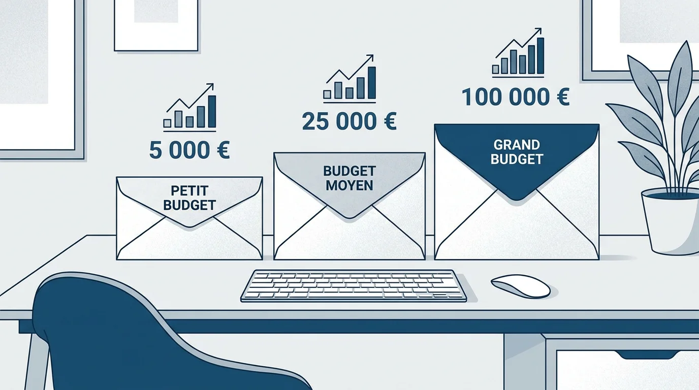Trois enveloppes budgétaires représentant les fourchettes de prix d'un logiciel sur mesure en 2026