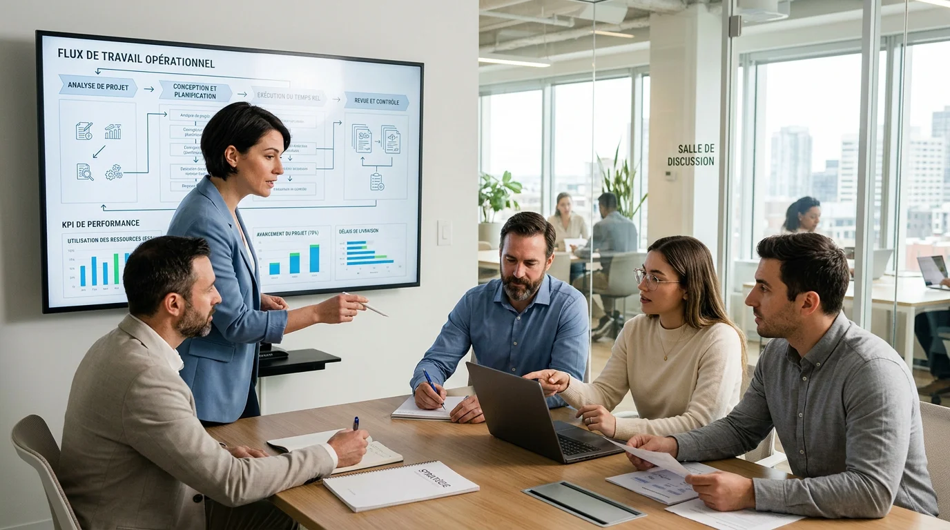 Équipe d'entreprise analysant des tableaux de bord numériques lors d'un projet de digitalisation