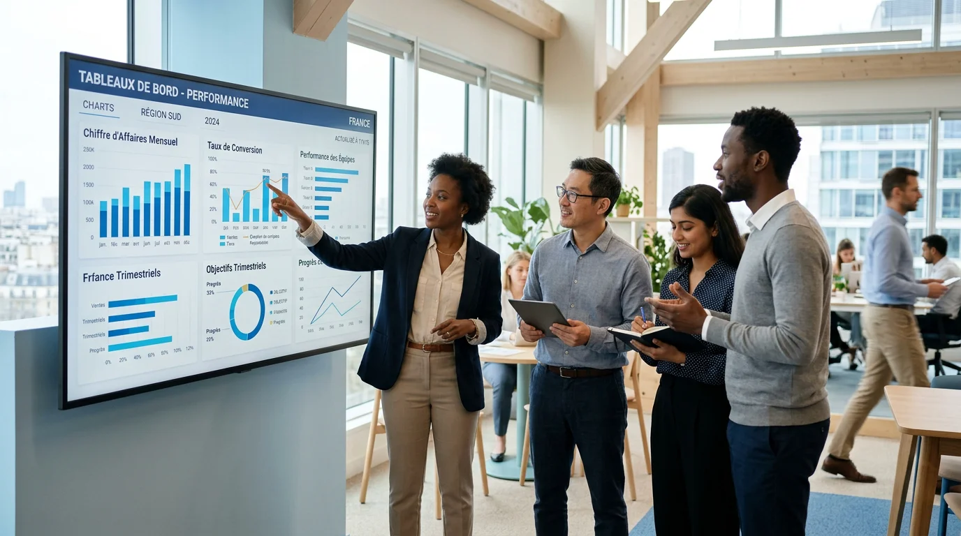 Équipe d'entreprise analysant des tableaux de bord IA en réunion