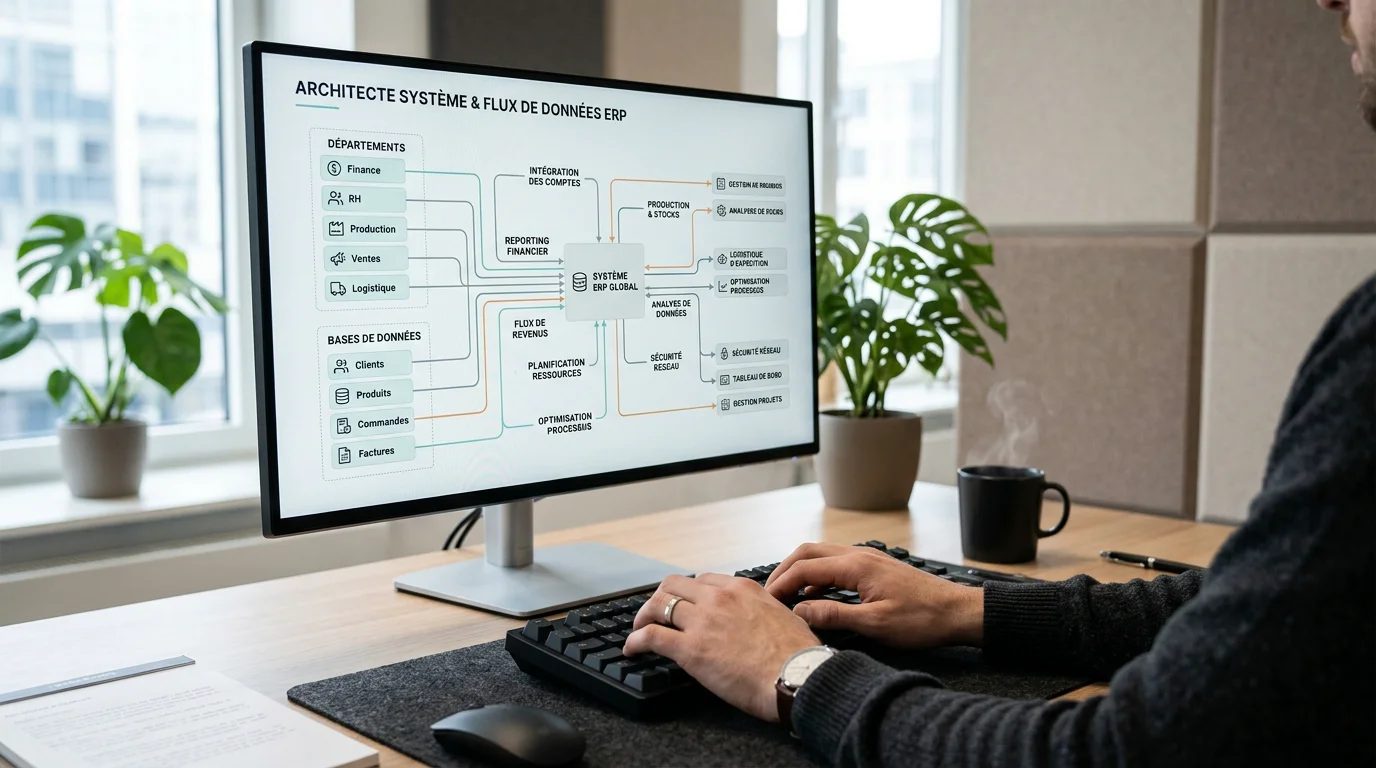 Poste de travail illustrant la connexion de l'IA à un système ERP