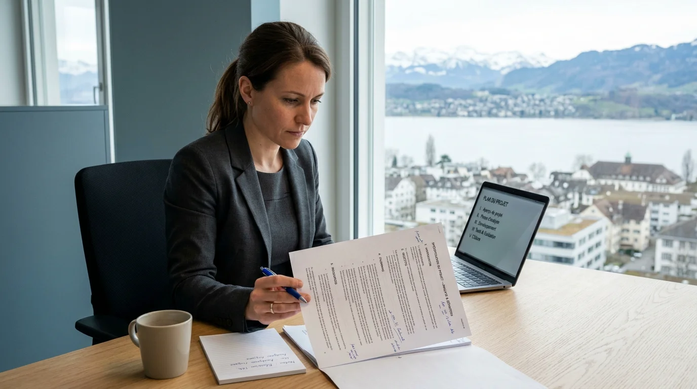 Analyste rédigeant un cahier des charges logiciel dans un bureau suisse