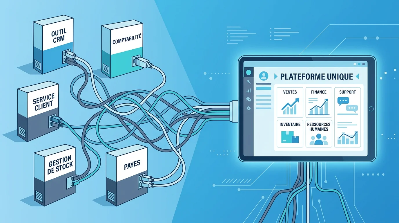 Illustration de plusieurs logiciels déconnectés unifiés en une seule plateforme