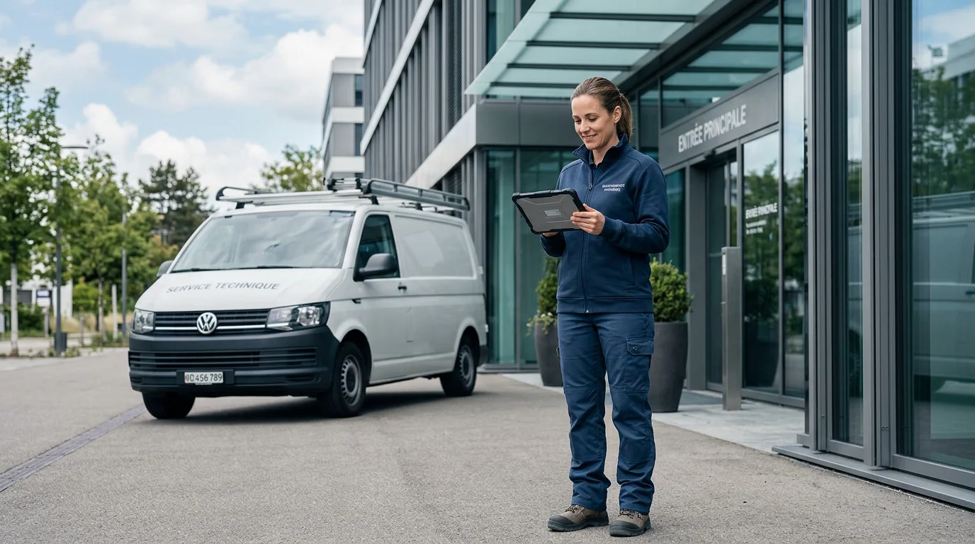 Technicien terrain consultant un ordre de travail sur tablette