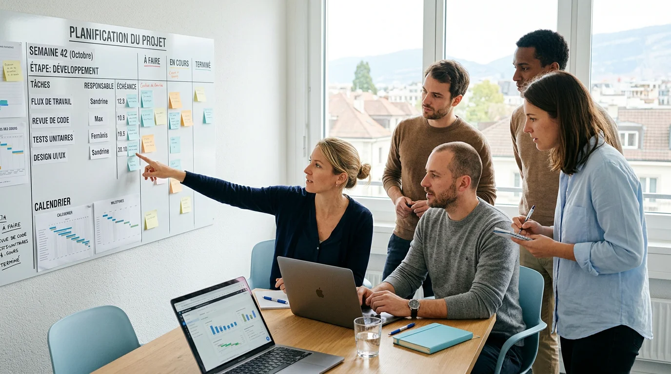 Équipe projet planifiant le déploiement d'un logiciel d'interventions
