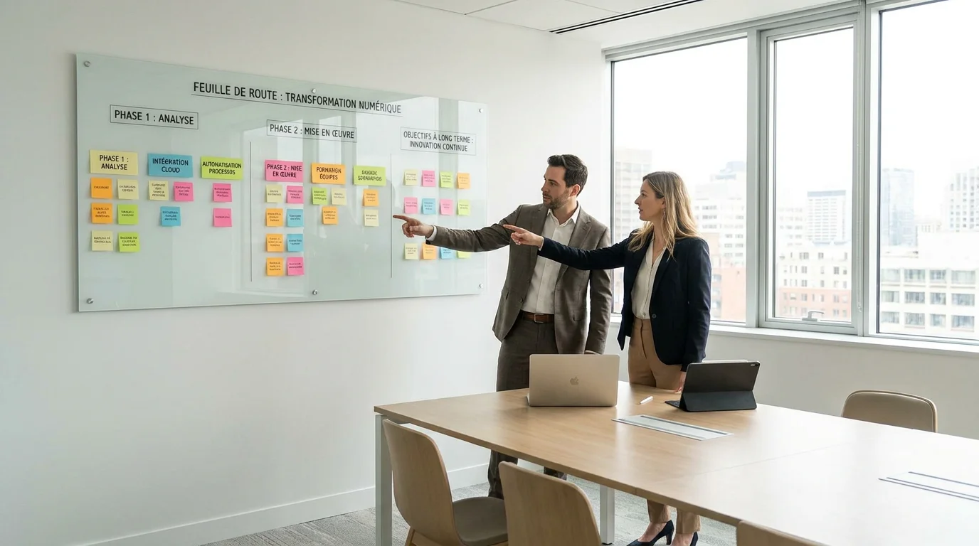Consultants en technologie élaborant une feuille de route de transformation digitale dans une salle de réunion moderne