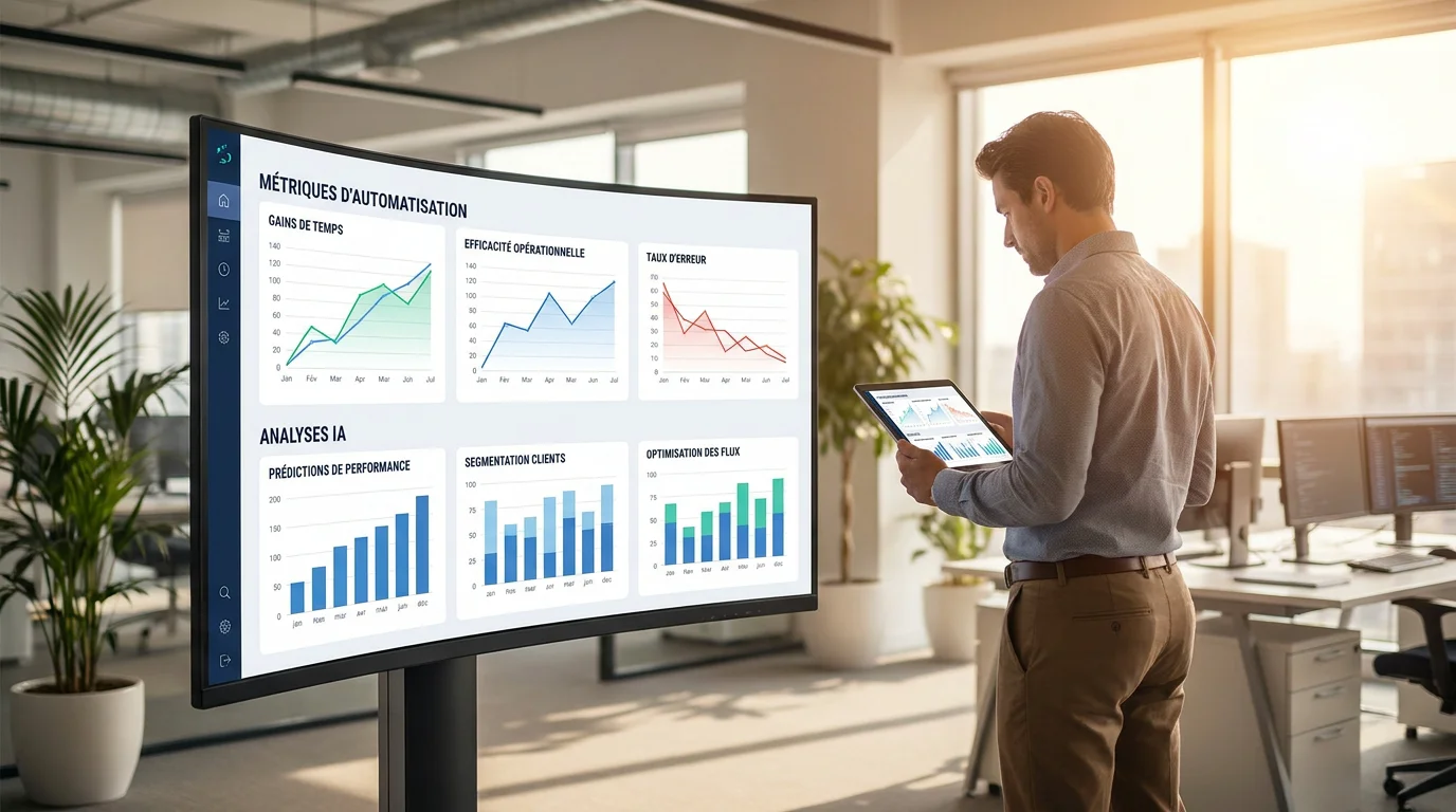 Tableau de bord d'automatisation et d'analyse IA dans un espace de travail moderne