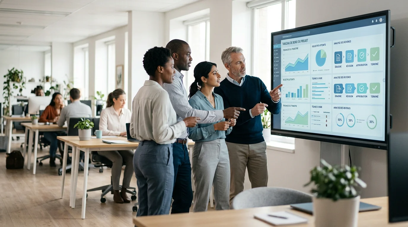 Équipe professionnelle analysant un tableau de bord numérique dans un bureau moderne