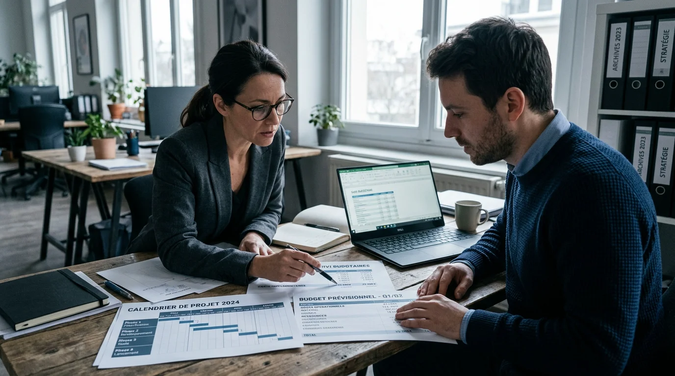 Deux professionnels examinant le planning et le budget d'un projet numérique