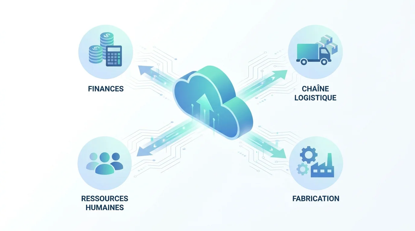 Illustration d'un ERP cloud intégrant l'intelligence artificielle pour connecter les modules métiers
