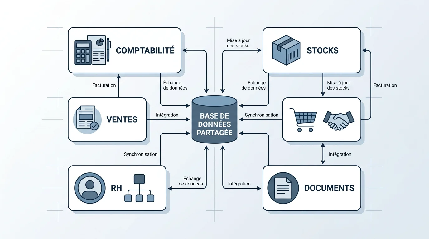 Schéma des principaux modules logiciels reliés à une base de données commune