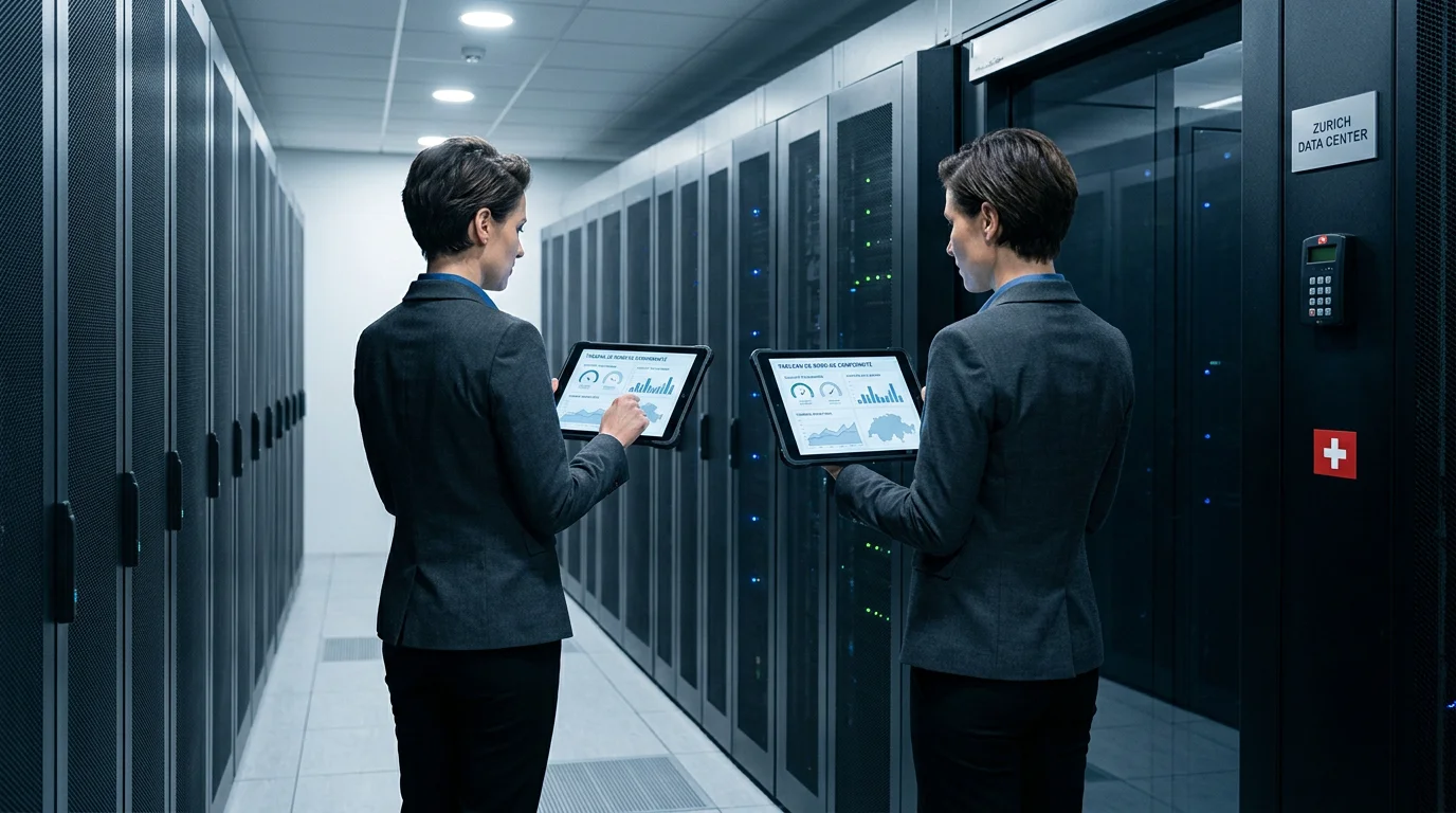 Centre de données sécurisé illustrant l'hébergement et la conformité des modules logiciels en Suisse