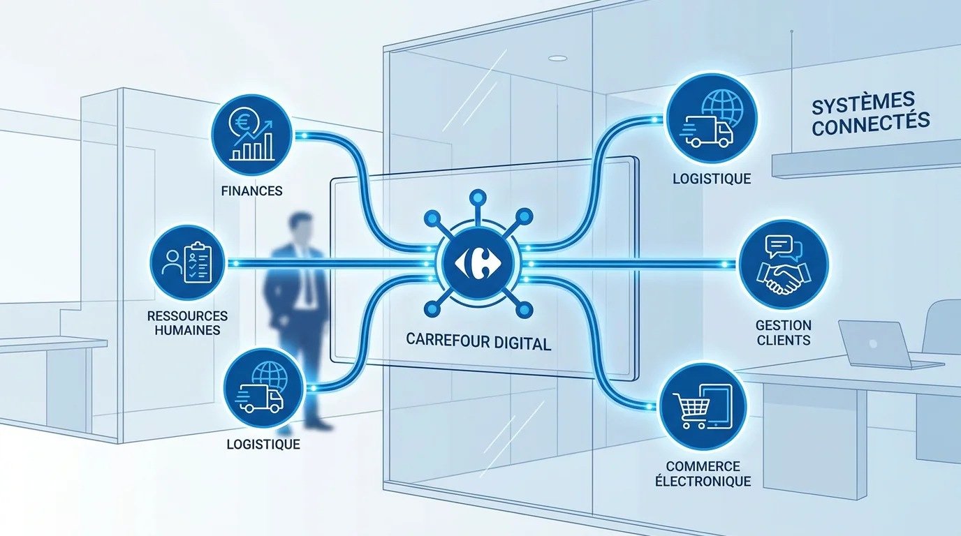 Schéma illustrant l'intégration d'un ERP relié à plusieurs applications métier