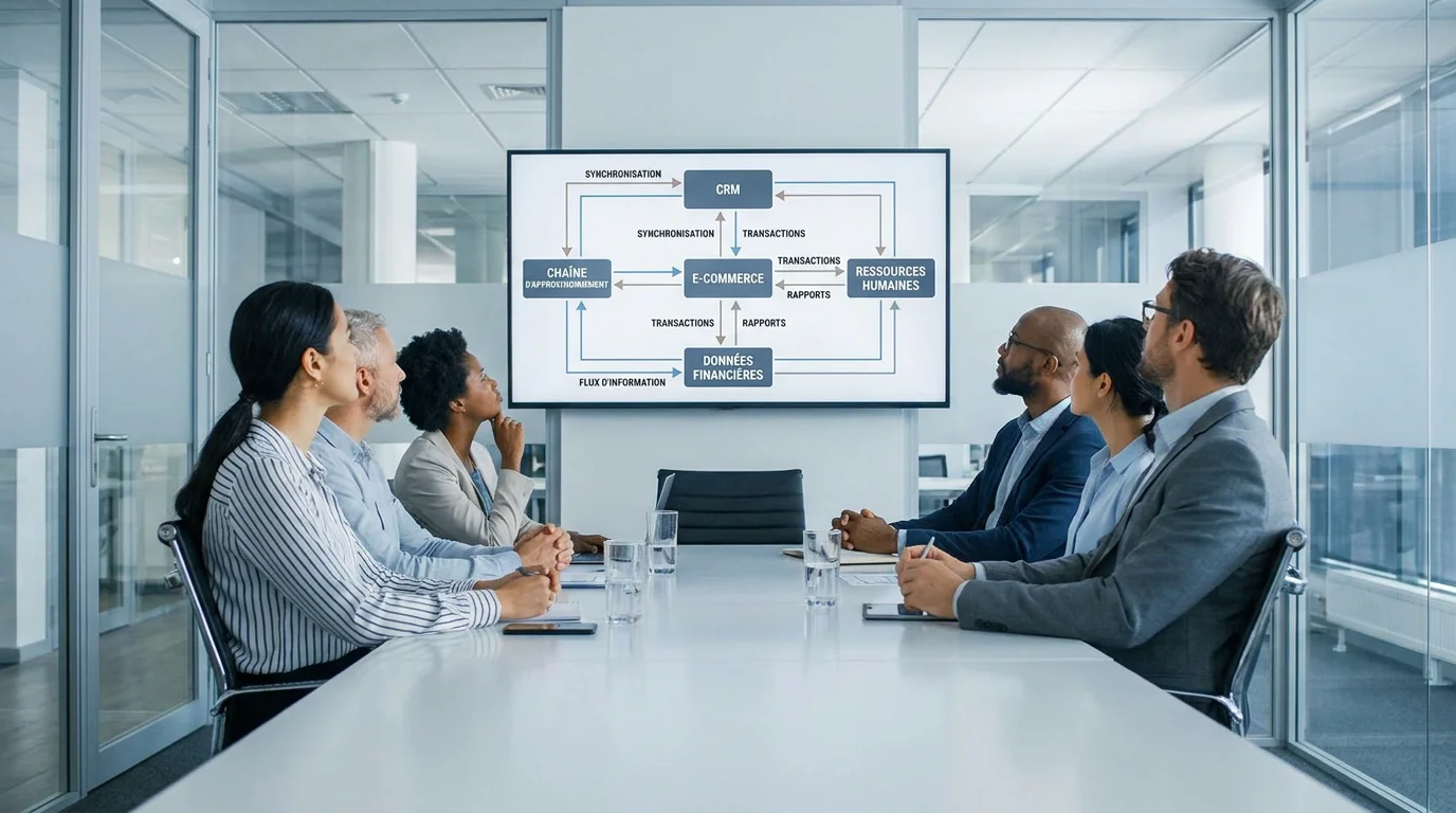 Équipe professionnelle analysant les connexions entre un ERP et différents systèmes métier
