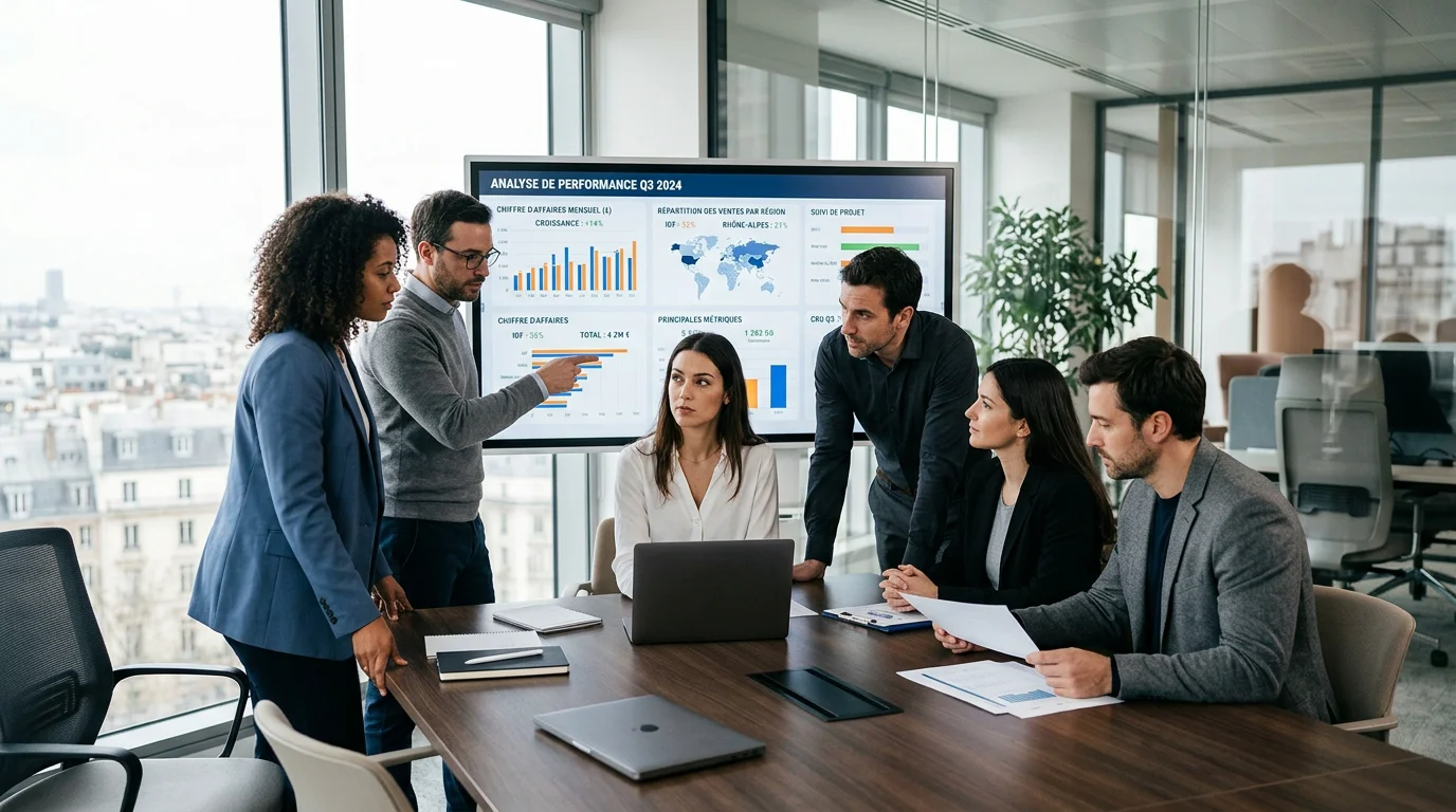 Équipe analysant des tableaux de bord de digitalisation en réunion