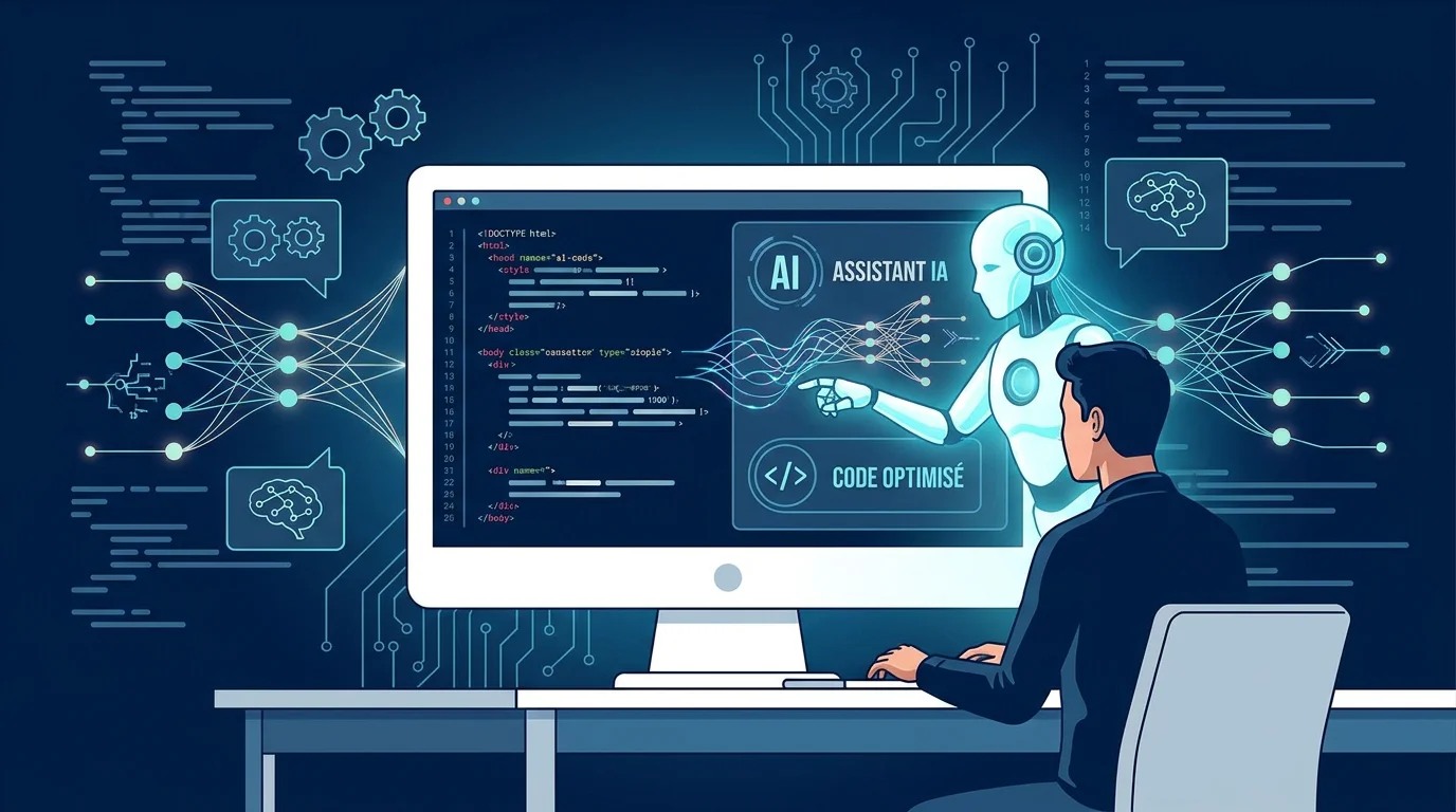Développeur collaborant avec une intelligence artificielle pour créer un logiciel sur mesure