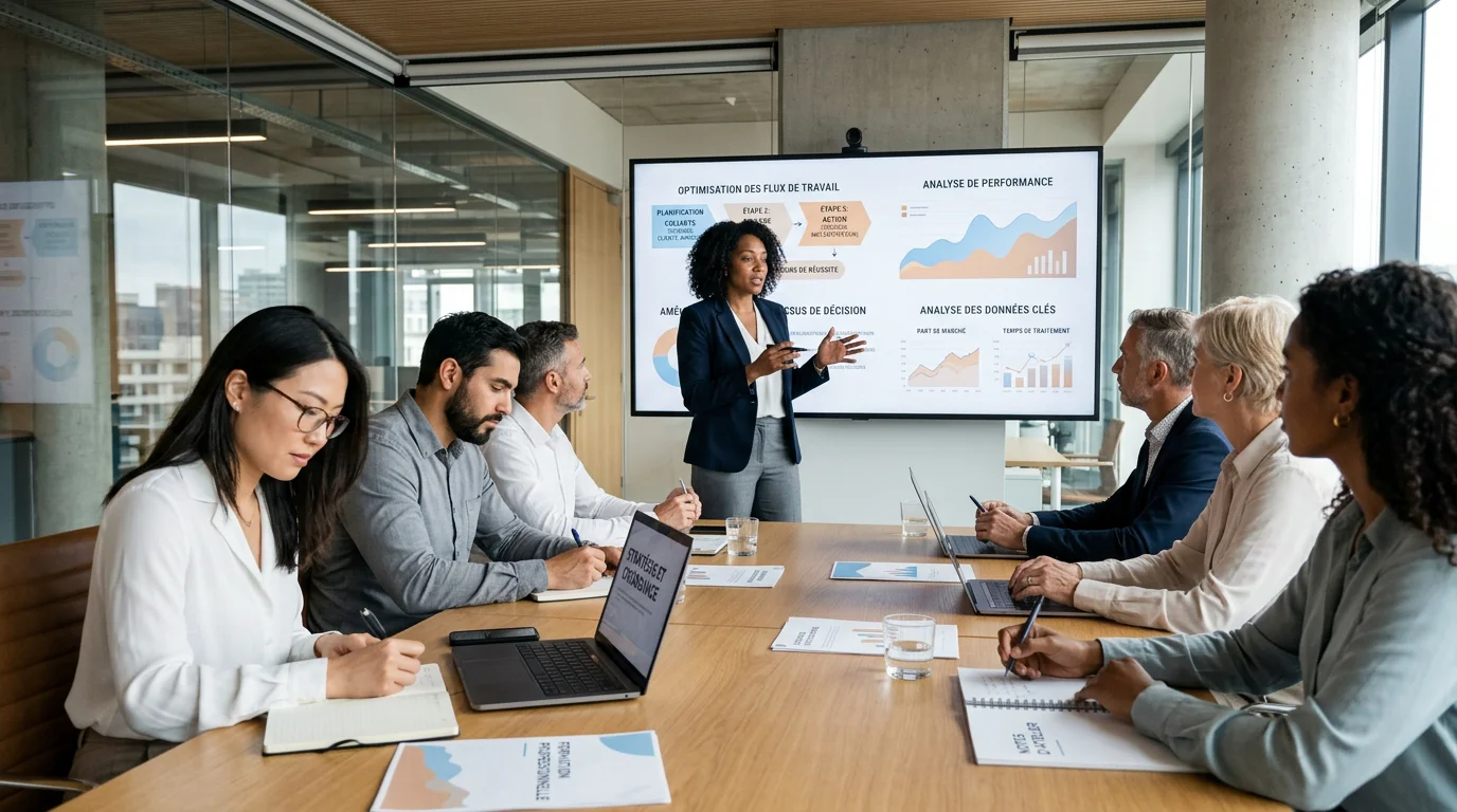 Session de formation à l'intelligence artificielle en entreprise avec un formateur et des collaborateurs