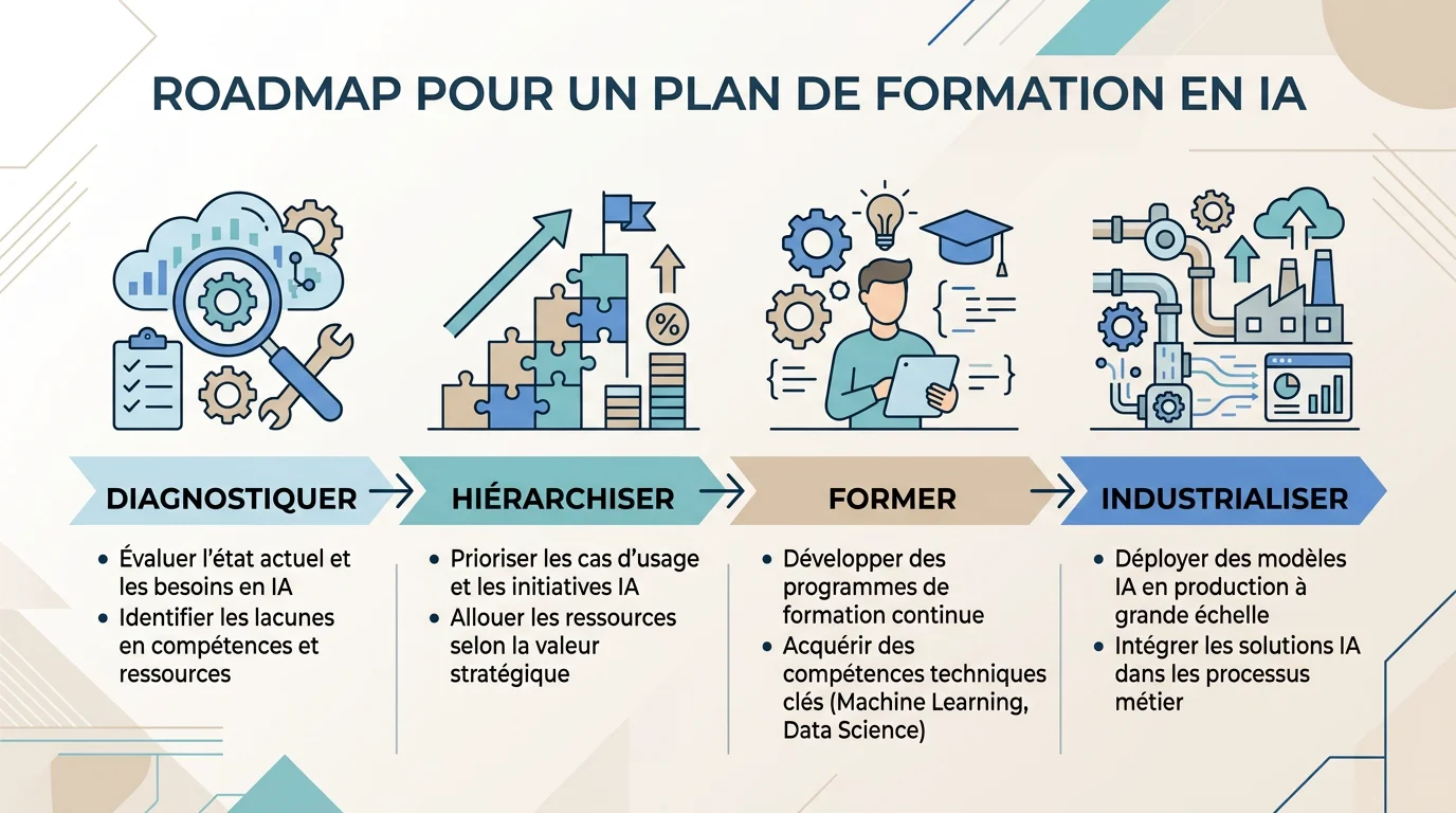 Schéma des quatre étapes d'un plan de formation à l'IA en entreprise