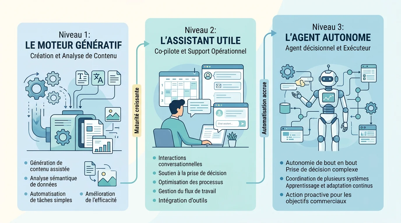 Schéma comparant IA générative, assistant IA et agent IA en entreprise