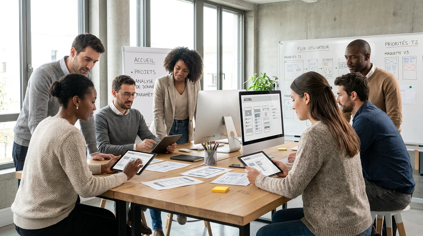 Équipe professionnelle travaillant sur un projet de développement d'application sur mesure