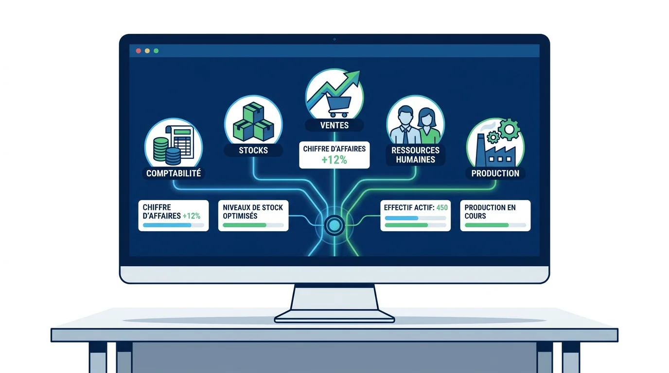 Tableau de bord ERP centralisé montrant les modules de gestion intégrée pour PME