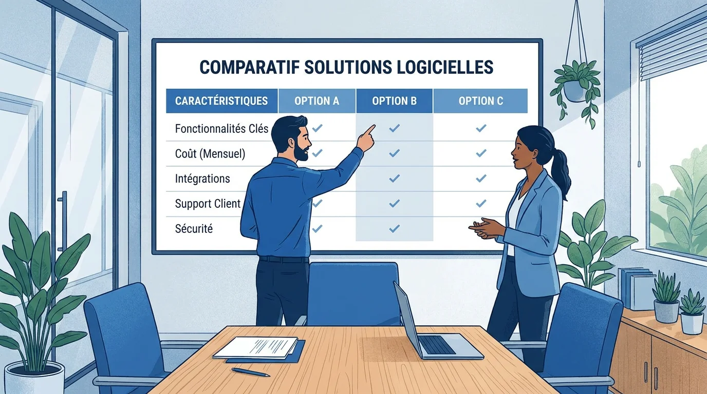 Deux professionnels comparant des solutions ERP sur un écran dans un bureau moderne