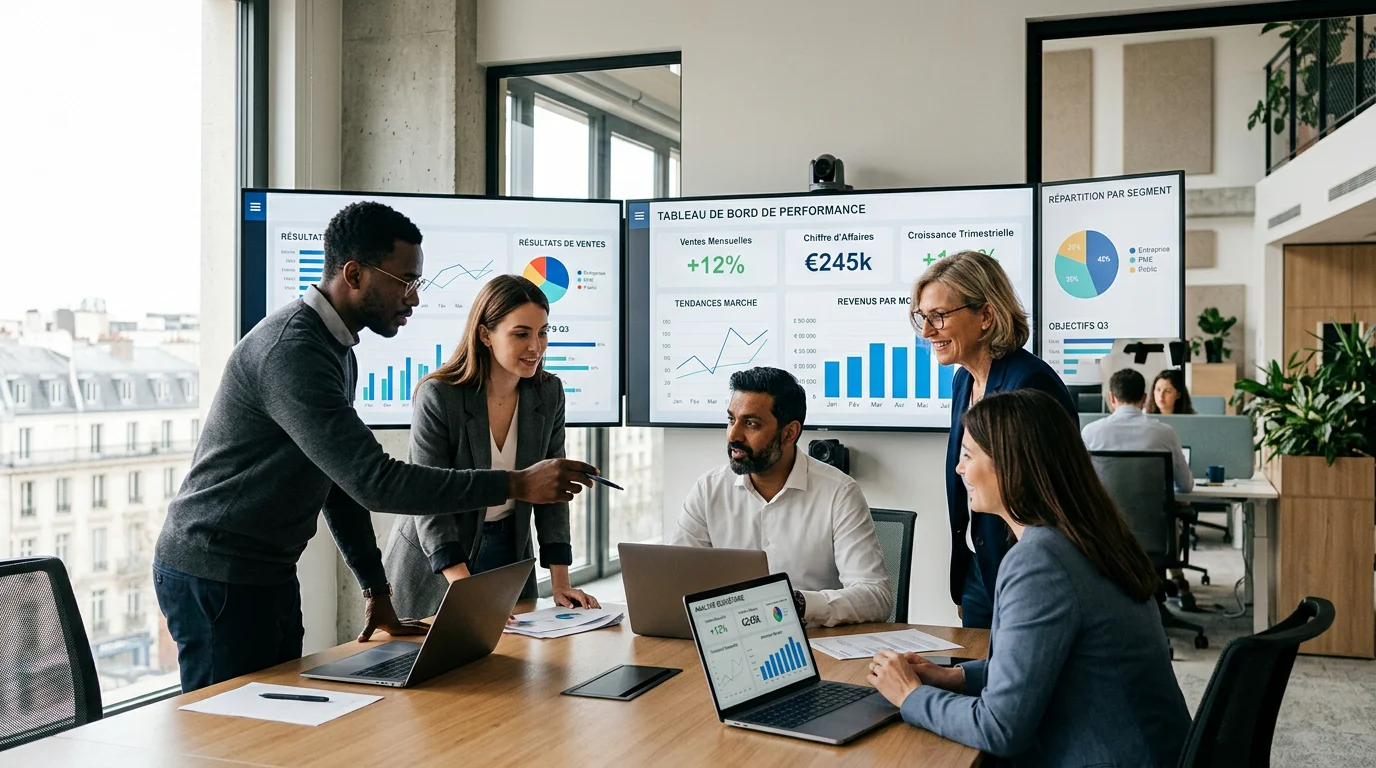 Équipe d'entreprise analysant des données sur des écrans dans un bureau moderne